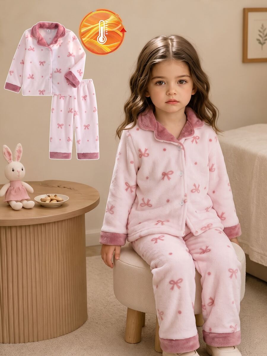 2pcs Girls Comfortable Soft Fluffy Bow Print Pattern Turn Collar Button Front Long Sleeve Long Pants Pajama Set - Dusty Pink - View 1