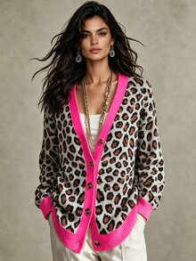 Balvessa Vintage Leopard Print V-Neck Single-Breasted Tortoiseshell Button Drop Shoulder Long Sleeve Ribbed Hem Lazy Women's Cardigan - Multicolor - View 3