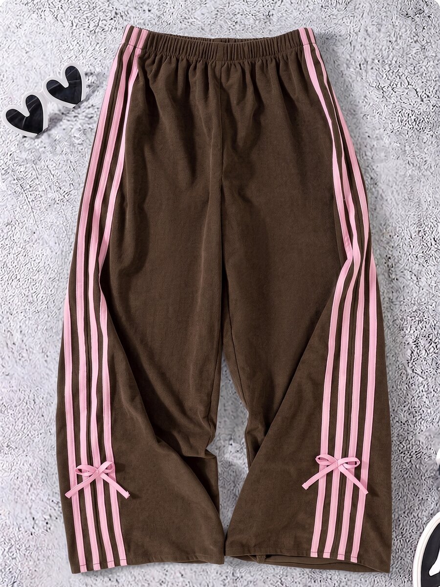 Girls Side Stripe Wide Leg Sweatpants, Cute Bow Detail Casual Track Trousers Tween Girl Fall Winter - Coffee Brown - View 1