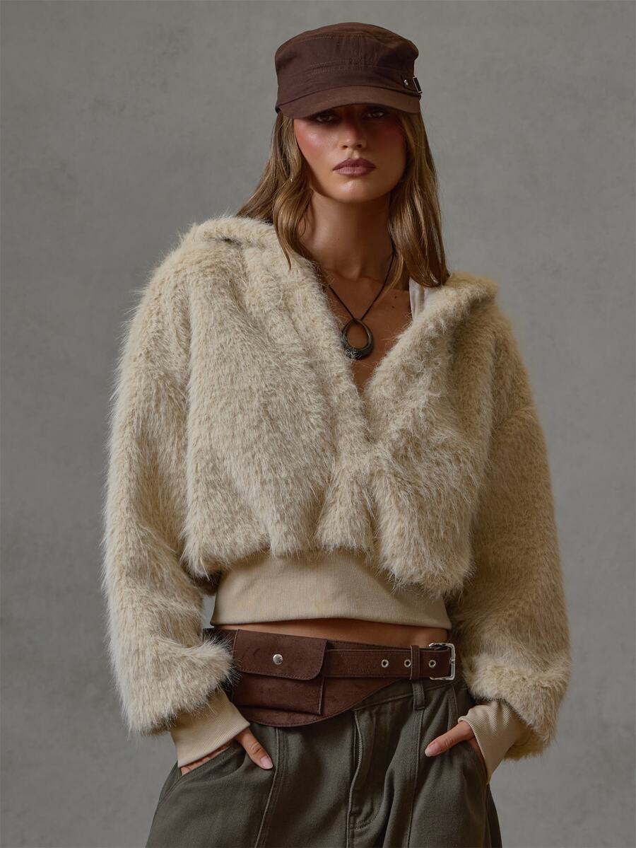 MUSERA Fluffy Faux Fur Fitted Waist Quarter Zip Neck Hoodie Fall Winter Everyday Causal Back To School Forces - Apricot - View 1