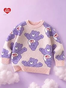 SHEIN X Care Bears 1件少女休閒百搭粉色卡通紫色熊趣味圖案圓領寬鬆舒適長袖套頭毛衣，適合日常穿著、秋冬室內運動、攝影、節慶生日 - 彩色 - 查看 3