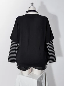 SHEIN ICON Women Plus Size Letter Skull Print Patchwork Striped 2 In 1 T-Shirt - Black - View 2