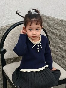 DAZY Infant/Toddler (Girl) Round Neck Contrast Color Bow Long Sleeve Autumn/Winter Sweater - Grey - View 8