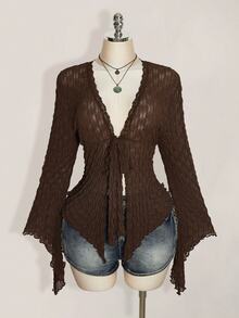 SHEIN ICON Women Plus Size V-Neck Lace Trim Casual Daily Wear Blouse - Brown - View 3