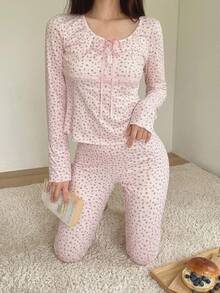 DAZY Ditsy Floral Print Knot Front PJ Set - Pink - View 9