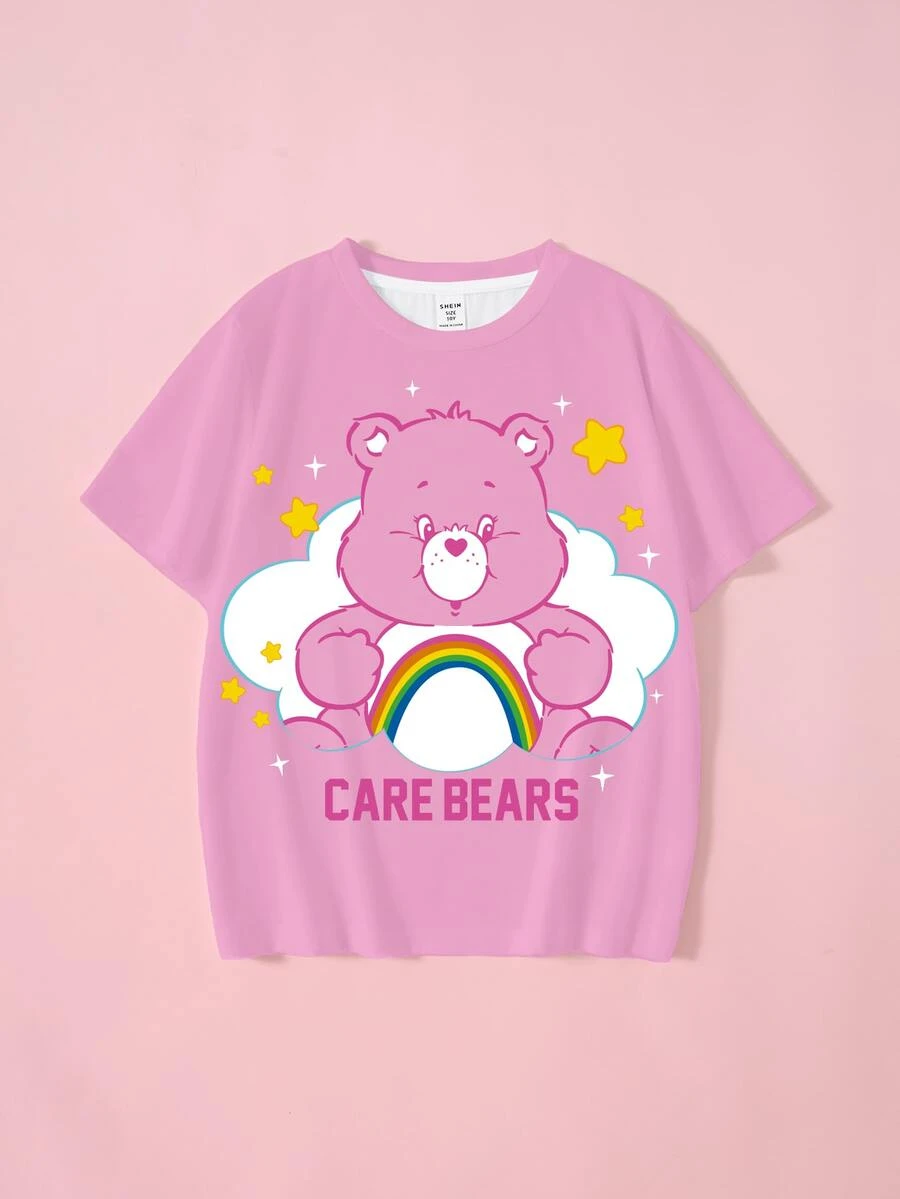 SHEIN X Care Bears 青少年女孩全印花卡通圓領T恤 - 白色 - 查看 1