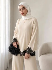 Feyla Women's Contrast Lace Drop Shoulder Long Sleeve Top And Straight Leg Pants 2 Pieces Set - Apricot - View 1