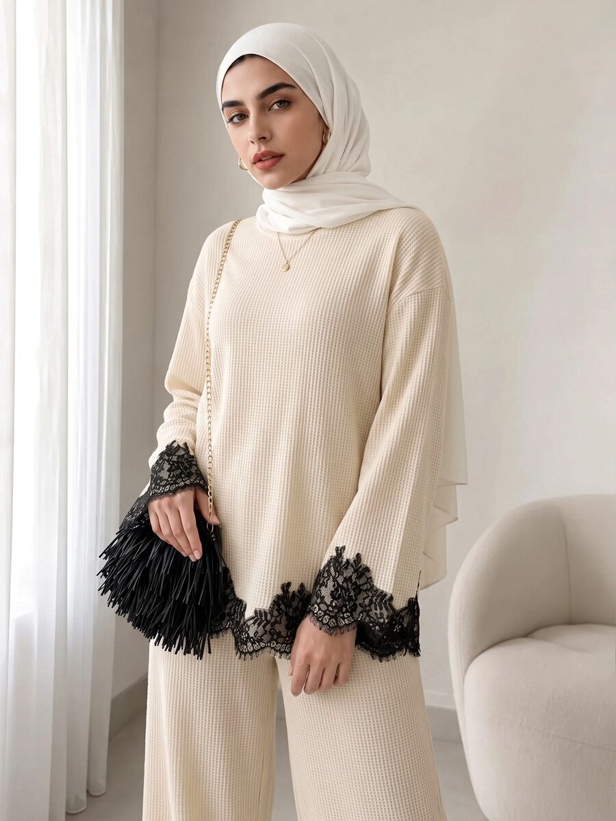 Feyla Women's Contrast Lace Drop Shoulder Long Sleeve Top And Straight Leg Pants 2 Pieces Set - Apricot - View 1
