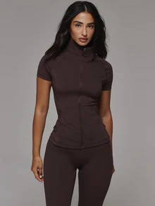 Musera Sport Zip Through High Neck Short Sleeve Logo Back Fitted BBL Active Jacket Sport Essentials Basics Gym Workout Autumn Fall Winter - Coffee Brown - View 2