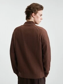 RONVEXI Men's Fashion Textured Zipper Half-Placket Long Sleeve Sweater - Coffee Brown - View 5