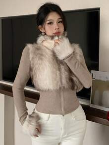 DAZY Autumn/Winter Beige Camel Faux Fur Patchwork Slim Fit Cinched Waist Sweet Date Wedding Party Women's Jacket - Khaki - View 8