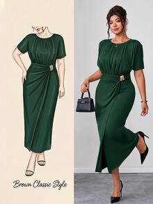 Reflora Plus Size Elegant Metal Decor Pleated Short Sleeve Dress - Dark Green - View 1