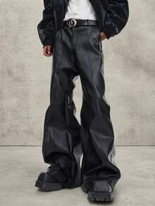 PAVTROS Men's Solid Color Pocket Flared Leather Pants, Casual Style - Black - View 3