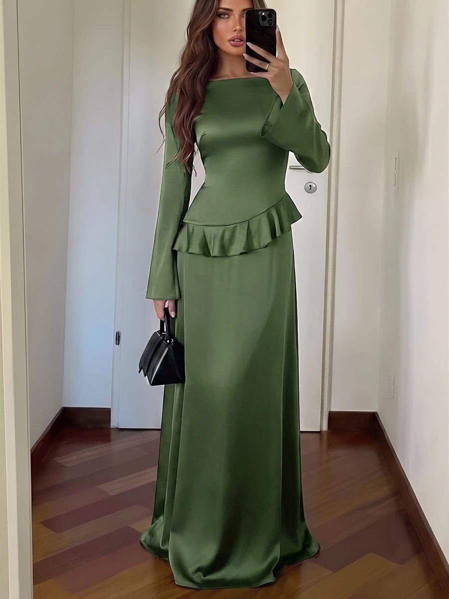 Aloruh 女款優雅露肩喇叭袖荷葉邊收腰後背A字米色洋裝 - 軍綠色 - 查看 1