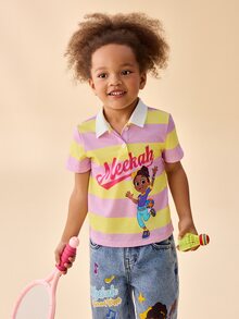 Blippi X SHEIN Young Girl Striped Letter Print Short Sleeve Polo Collar T-Shirt - Multicolor - View 4