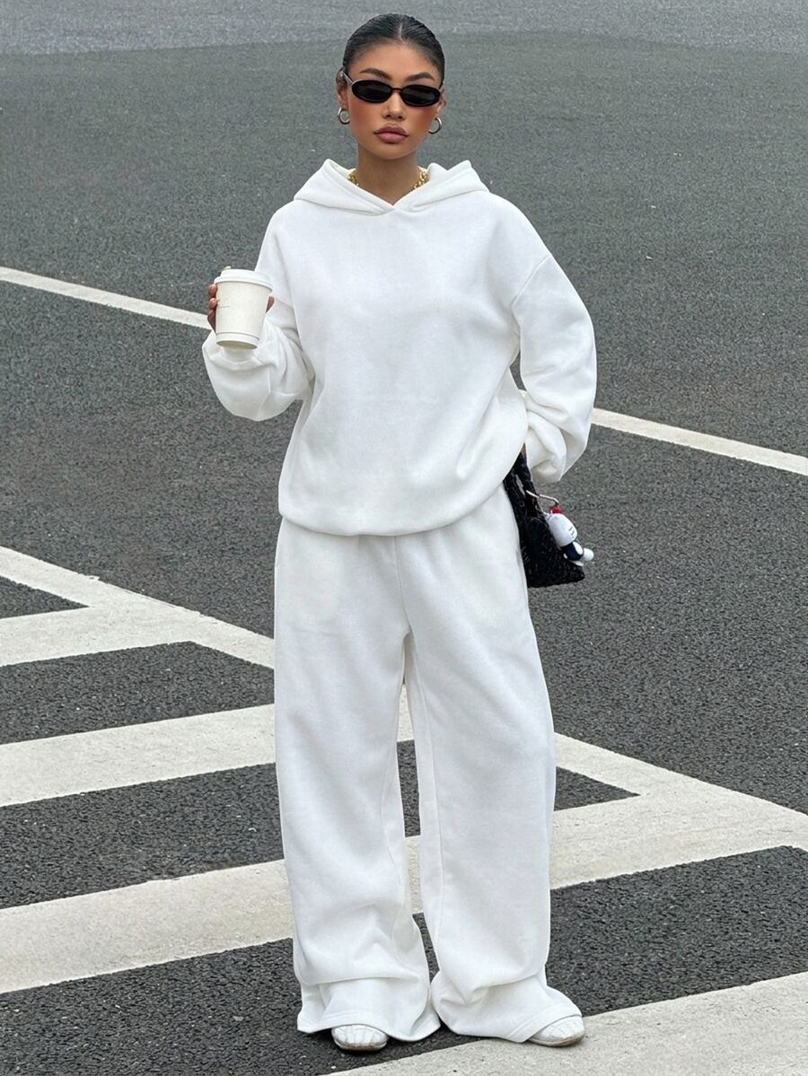 Muchica 休閒極簡風女款兩件套,秋冬女款帽 T 與運動長褲套裝,適合秋冬,百搭日常穿著 - 白色 - 查看 1