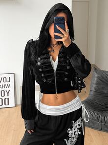 Coolane Women's Fall/Winter Street Avant-Garde Retro Equestrian Style Napoleon Element Button Decor Zipper Closure Hooded Long Sleeve Fitted Black Sweatshirt - Black - View 1