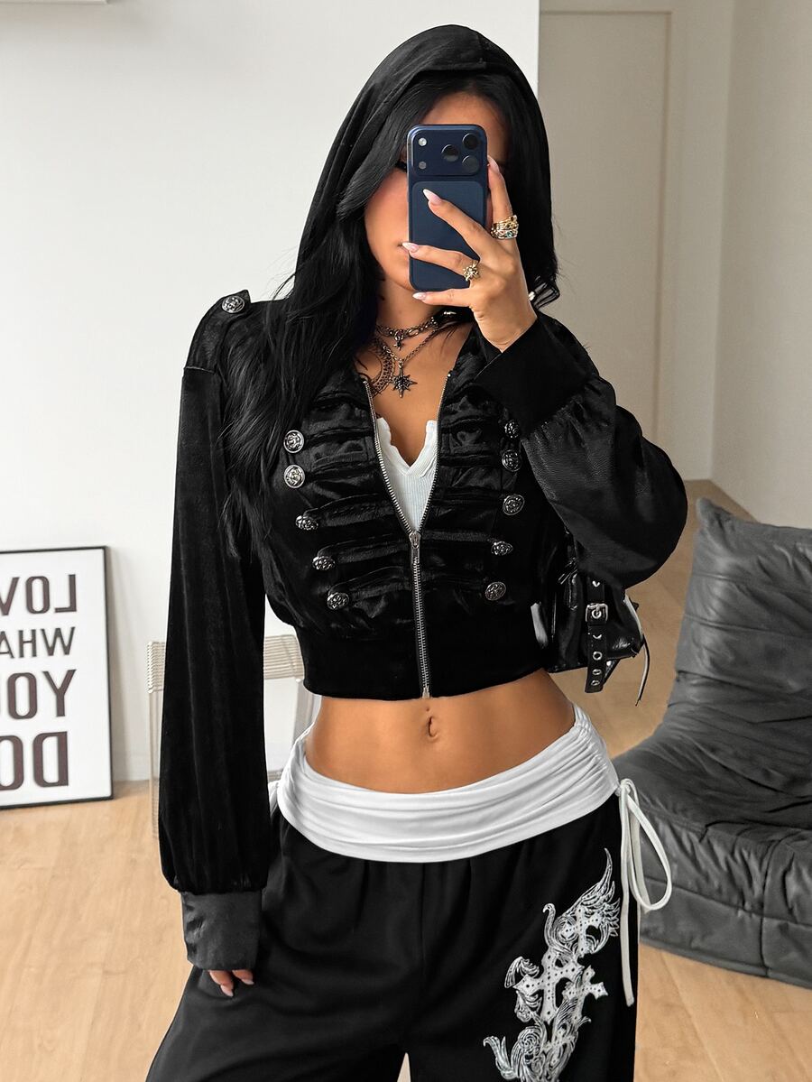Coolane Women's Fall/Winter Street Avant-Garde Retro Equestrian Style Napoleon Element Button Decor Zipper Closure Hooded Long Sleeve Fitted Black Sweatshirt - Black - View 1