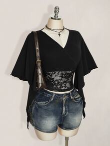 SHEIN ICON Dam T-shirt i plus size med svart spets och patchwork - Svart - Visa 4