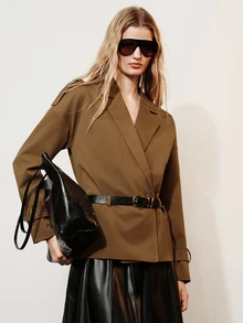 Aveloria Modichic Women's Loose Waist Belt Coffee Color Draped Drop Shoulder Double-Breasted Blazer - Coffee Brown - View 7