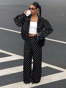 SHEIN CURVE+ 女款時尚休閒波點印花拉鍊外套與長褲兩件套 秋季 - 黑色 - 查看 6