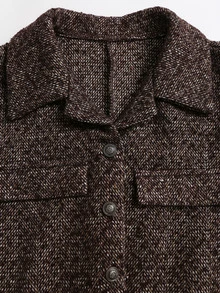 Sweetra Autumn/Winter Retro Mixed Color Herringbone Jacquard Waist-Cinching Overcoat, Classic Lapel Design, Metallic Texture Buttons, 3D Patch Pockets, Elegant And Sharp Vintage Vibe, Fashionable Versatile For Daily Commute And Weekend Outings - Brown - View 4