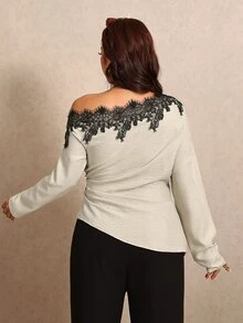 Elaquor Plus Size Women Lace Patchwork Elegant Slim Fit Blouse - Apricot - View 2