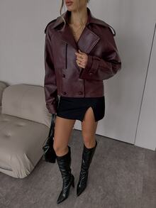 SHEIN CURVE+ Plus Size Double Breasted Lapel Pocket Long Sleeve Cropped PU Jacket Winter - Rust Brown - View 4
