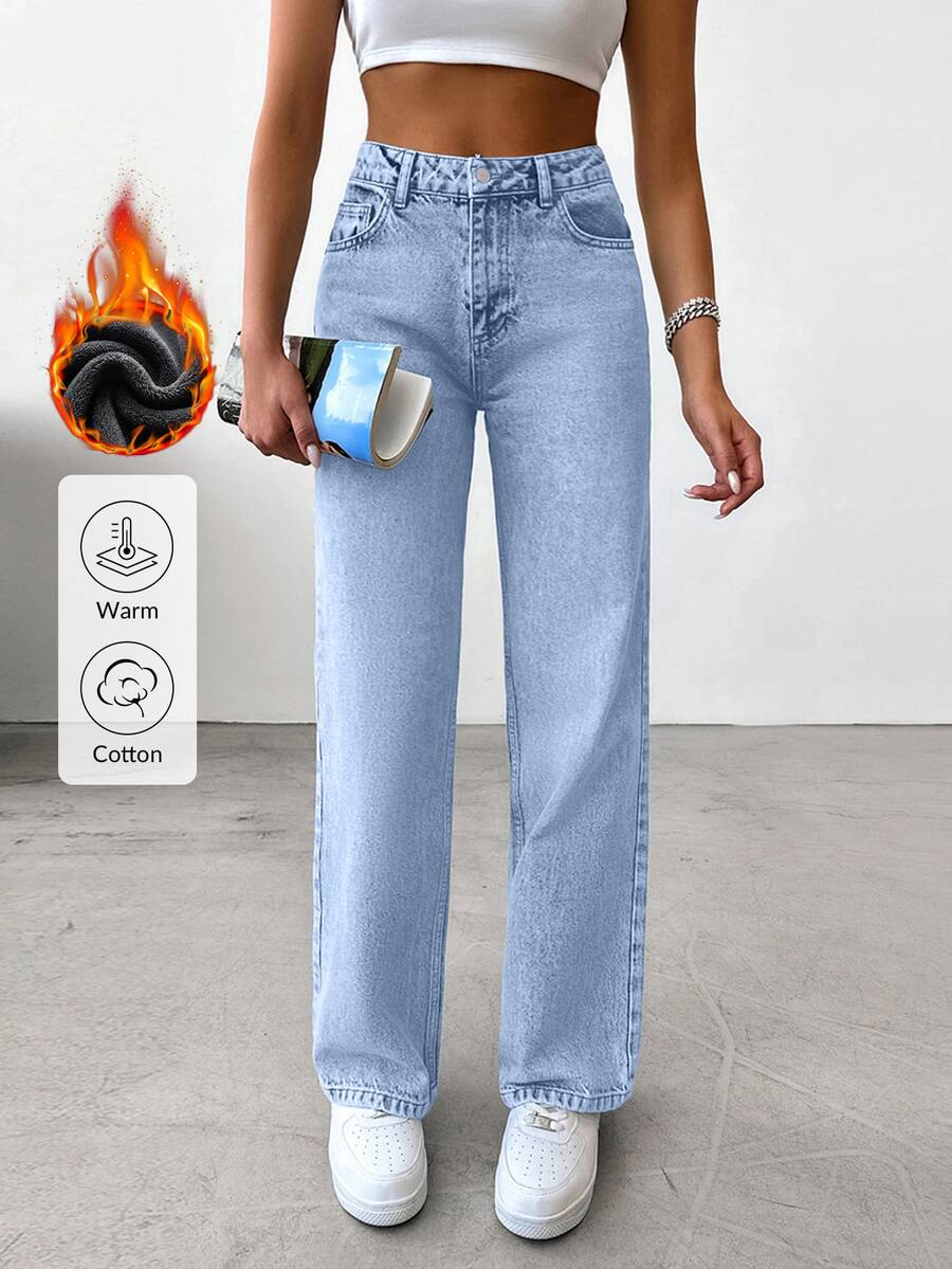 SHEIN بنطلون جينز مستقيم بخصر عالي وتأثير دافئ، أسلوب كاجوال، لون أزرق فاتح مع غسيل الثلج، مقاس عادي، بأزرار أمامية - أزرق فاتح - مشاهدة 1