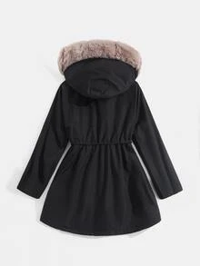 SHEIN CURVE+ معطف باركا شتوي مبطن بفرو تيدي مع خصر مشدود وغطاء رأس - الأسود - مشاهدة 6