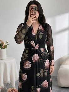 Modelyn 大尺碼女款花卉印花長袖優雅洋裝 - 彩色 - 查看 8