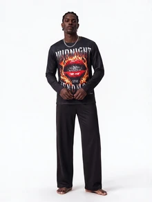 Rest Era Cartoon Print Round Neck Long Sleeve Long Pants Men's Loungewear Set - Black - View 1