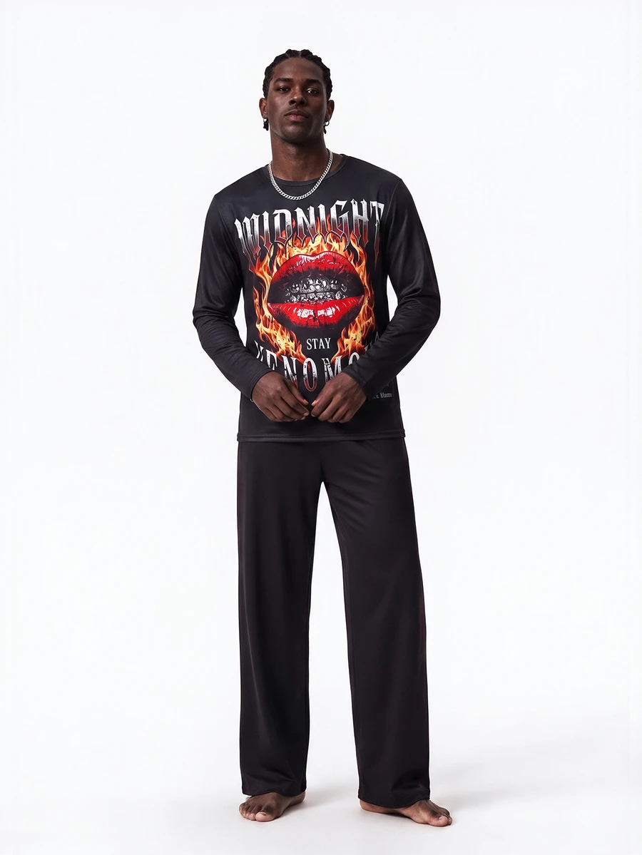 Rest Era Cartoon Print Round Neck Long Sleeve Long Pants Men's Loungewear Set - Black - View 1