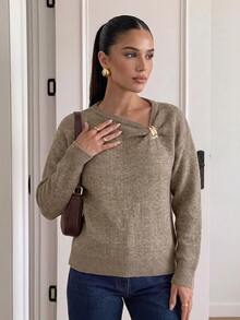 Firerie Women's Solid Color Metal Decor Casual Daily Long Sleeve Sweater - Apricot - View 4