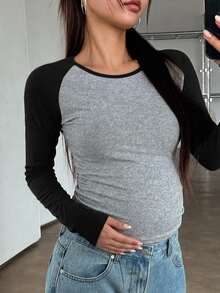 DAZY Patchwork Contrast Color Slim Fit Elastic Round Neck Casual Daily Vacation Korean Style Spring Autumn Maternity T-Shirt - Grey - View 6