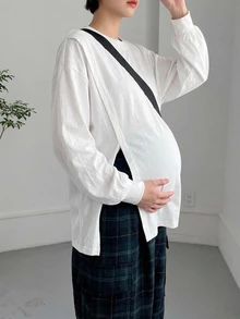 DAZY Solid Color Loose Round Neck Long Sleeve Split Hem Casual Daily Holiday Spring Autumn Top Maternity T-Shirt - White - View 1