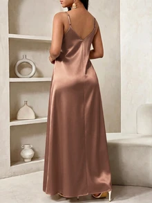 SHEIN Lady Plus Size Women Elegant Solid Color V-Neck Dress - Mocha Brown - View 2