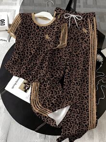 SHEIN EZwear 2pcs/Set Embroidered Round Neck Short Sleeve Top And Striped Print Pants, Casual - Multicolor - View 3