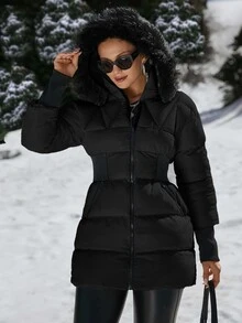 SHEIN Padded Coat With Furry Hood And Adjustable Waist, Two Side Pockets, Thick And Fashionable Puffer Jacket, Quilting Details - Black - View 4