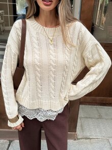SHEIN Frenchy Contrast Guipure Lace Cable Knit Drop Shoulder Sweater - Apricot - View 6
