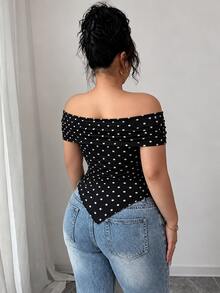 Elenzga Plus Size Women's Polka Dot Off-Shoulder Casual Daily T-Shirt - Black and White - View 2