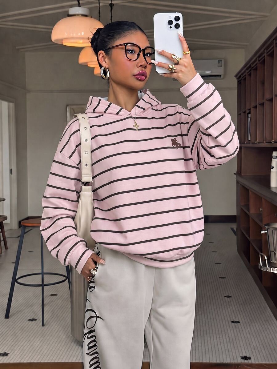 SHEIN Teen Girl Teen Girls Sweatshirts Y2K Versatile Party Striped Horse Logo Print Sweatshirt, Suitable For Mu - Pink - View 1