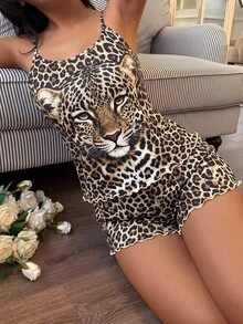 SHEIN Leopard Print Camisole & Shorts Women's Pajama Set - Multicolor - View 5