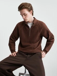RONVEXI Men's Fashion Textured Zipper Half-Placket Long Sleeve Sweater - Coffee Brown - View 1