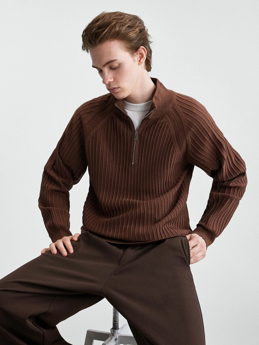RONVEXI Men's Fashion Textured Zipper Half-Placket Long Sleeve Sweater - Coffee Brown - View 1