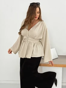 Shapeblank Women's Plus-Size Apricot Long-Sleeve V-Neck Shirt With A Waist-Cinching Design-Stylish, Elegant, And Suitable For Everyday Wear In Spring And Autumn - Apricot - View 5