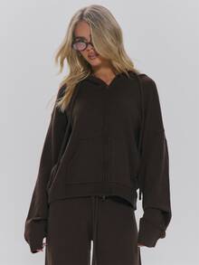MUSERA Brown Hooded Oversized Zip Up Jumper Autumn Winter Fall Daily Everyday Essential Core Knitwear - Brown - View 1