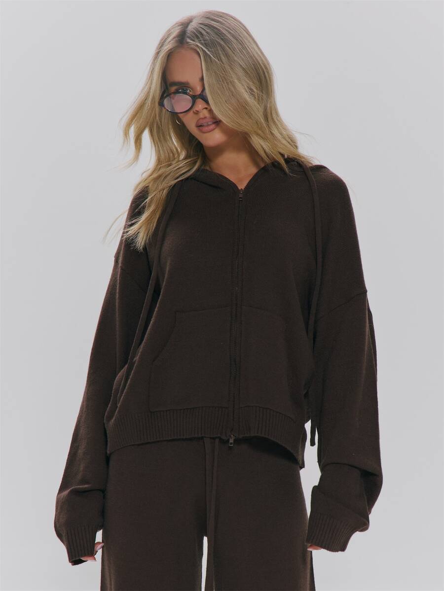 MUSERA Brown Hooded Oversized Zip Up Jumper Autumn Winter Fall Daily Everyday Essential Core Knitwear - Brown - View 1