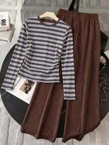 SHEIN PETITE Striped Long‑Sleeve Ruched Top & Solid Wide‑Leg Pants 2‑Piece Set Casual Slim Fit Women Outfit - Multicolor - View 6
