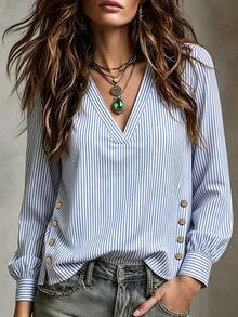 SHEIN Women's Minimalist Commuter V-Neck Casual Loose Button Decor Long Sleeve College Style Daily Wear Blouse - White - View 4